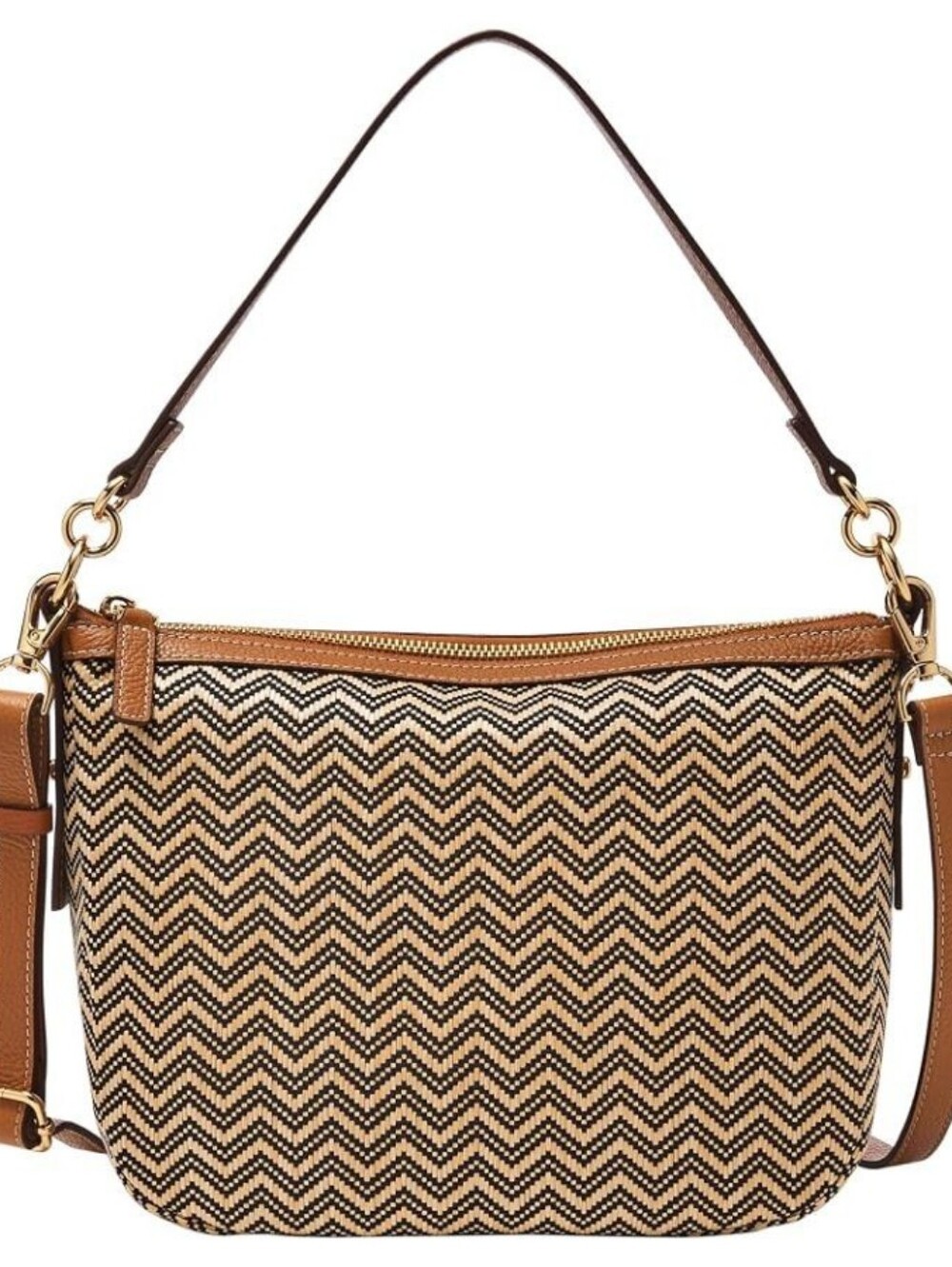 Fossil Jolie Leather Chevron Straw Crossbody Bag Tan Neutral Woven